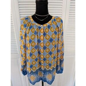 Ann Taylor Factory Blouse Womens L Blue Yellow Tile Floral Boho Hippie Top Tunic